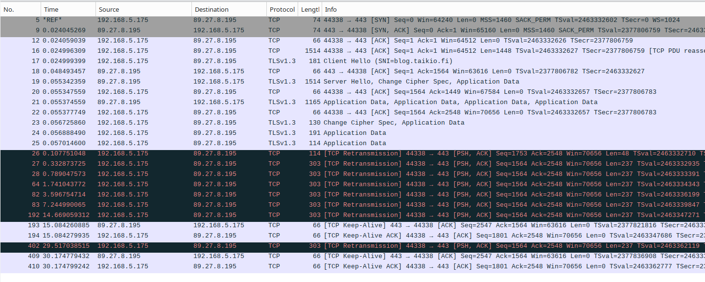 Wireshark dump of failed connection